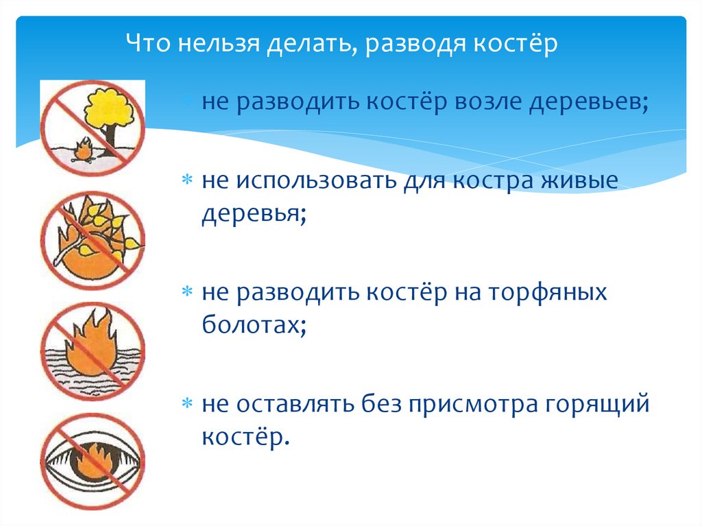 Что нельзя делать 25 ноября. Что нельзя делать. Что нельзя делать разжигать костер. Условные знаки при разведении костра. Что запрещается делать при разведении Костр.