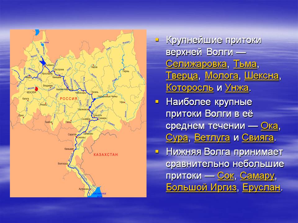 В какой части материка течет река волга. Кама и Ока притоки Волги. Крупные притоки реки Волга. Крупнейшие притоки реки Волги. Крупные притоки реки Волга на карте.