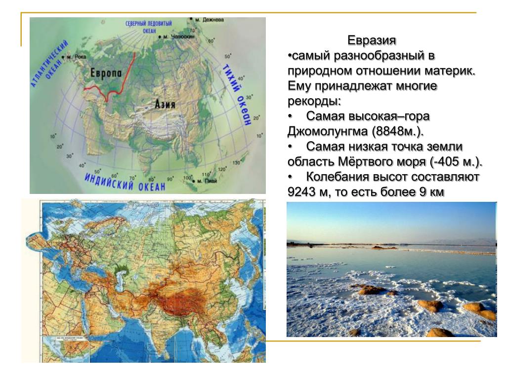 Самая высокая точка второго по площади материка. Самая низкая точка суши — впадина мёртвого моря. Самая высокая точка материка Евразия. Самая высокая точка Евразии. Самая низкая точка Евразии.