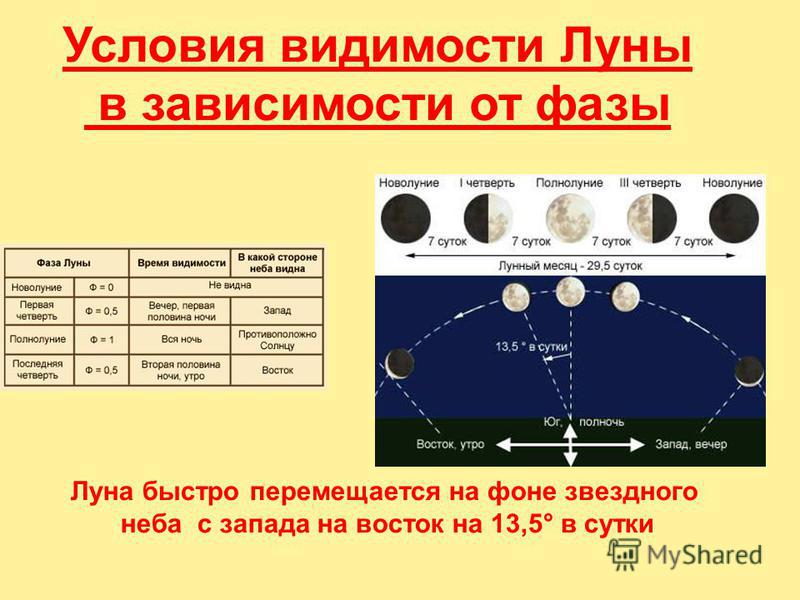 Продолжительность дня луны. Фазы Луны. Положение Луны. Условия видимости в зависимости. Первая фаза Луны схема.