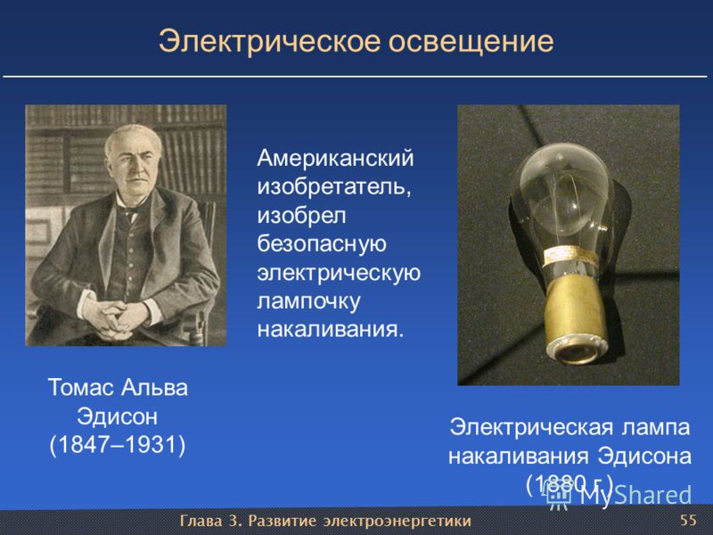 История изобретения лампы. Первая лампа накаливания Томаса Эдисона.