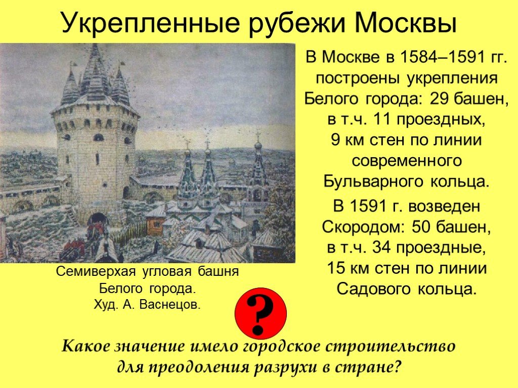 Что означает белый город. Семиверхая башня белого города в Москве. Семиверхая башня белого города Васнецов. Строительство стен белого города в Москве.. Укрепления белого города в Москве.