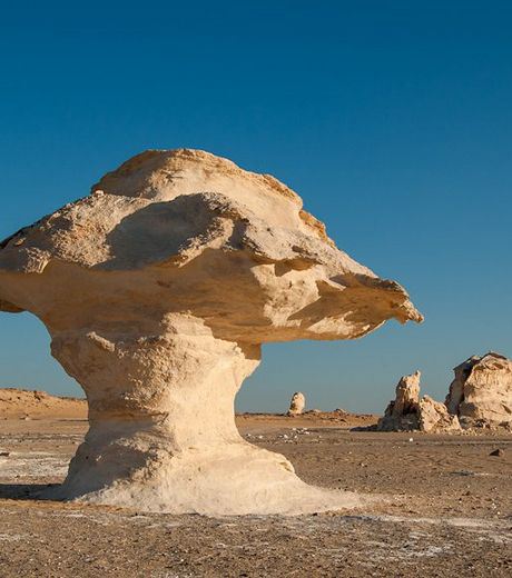 Wind-sculpted chalk rock formations in the White Desert of Egypt.