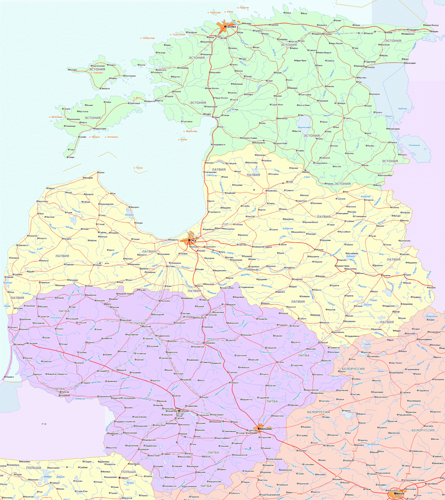 Карта прибалтийских стран с россией