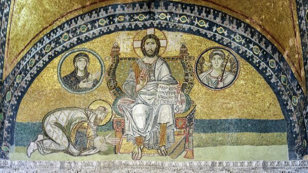 Мозаика Император Лев VI преклоняет колени перед Иисусом Христом в Соборе Святой Софии в Стамбуле
