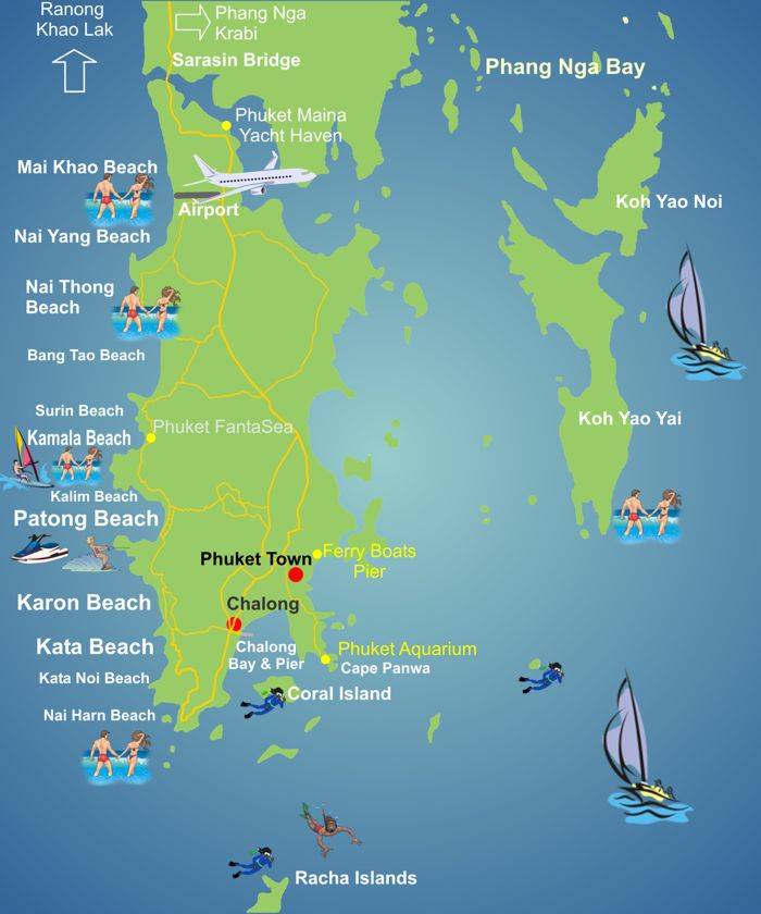 Центр пхукета какой. Остров Пхукет в Тайланде на карте. Пхукет карта пляжей и аэропорта. Таиланд остров Пхукет на карте.