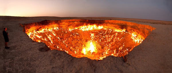 6.) The Door to Hell (Turkmenistan): This was once a gas field, but the Soviets set it on fire. Now, it has been burning for over 40 years. It seems that the dangerous pit of fire will never stop burning.