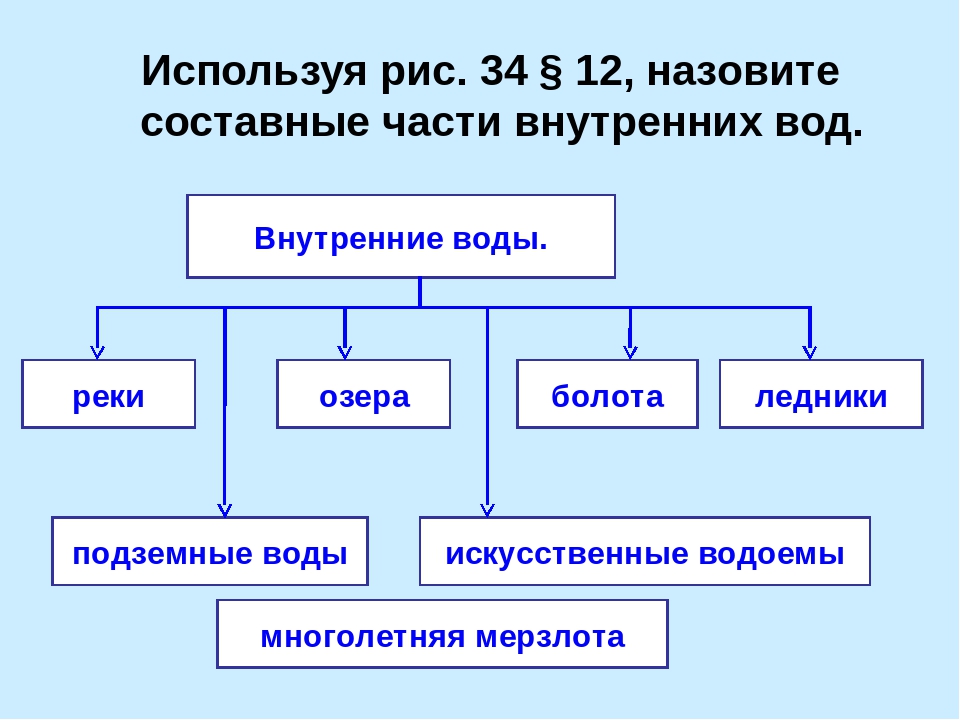 Зависимость характера реки от рельефа. Состав внутренних вод. Назовите составные части внутренних вод. Схема внутренние воды России. Внутренние воды схема.