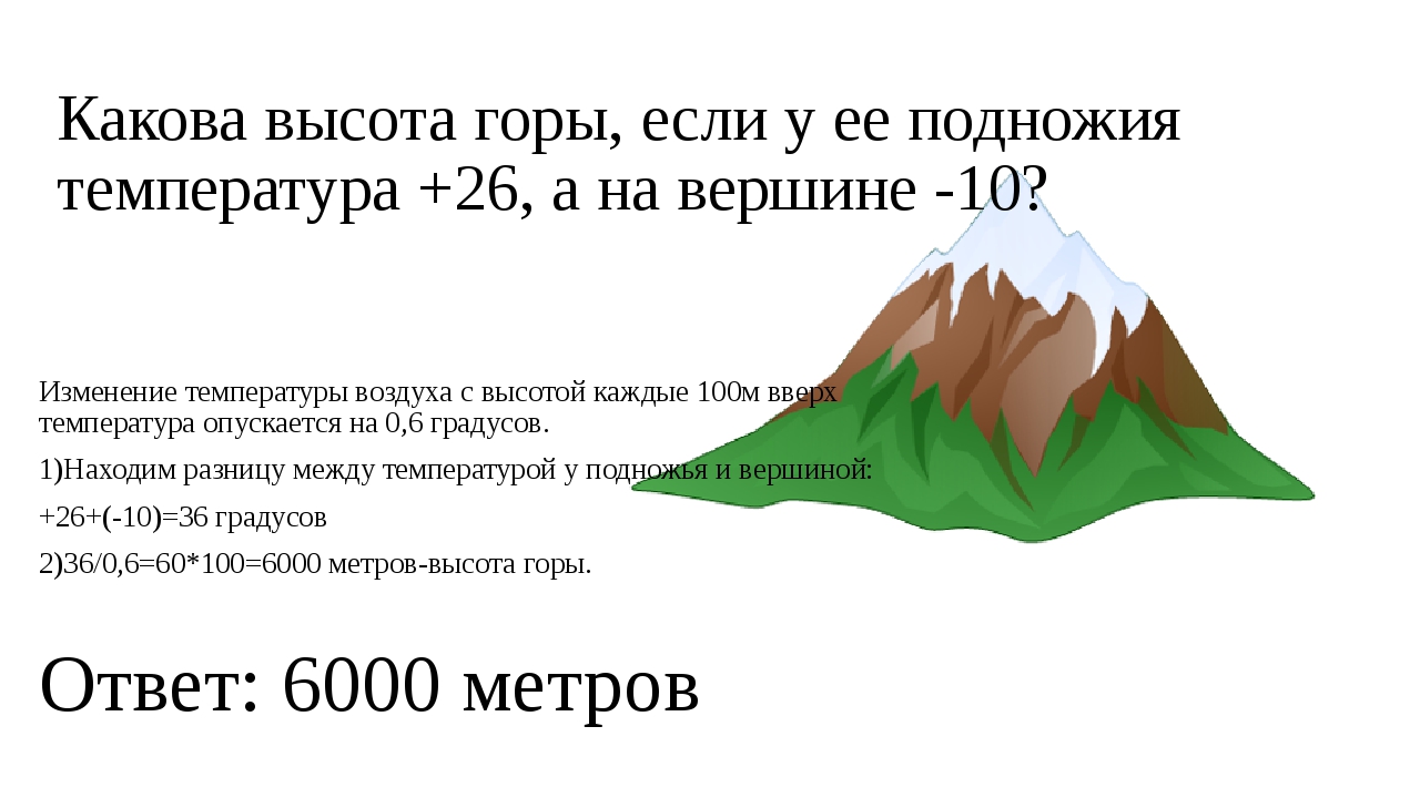 У подножья высот. Какова высота горы. Температура воздуха на вершине горы. Определить температуру на вершине горы. Какова высота горы если у ее подножия температура +26 а на вершине -10.