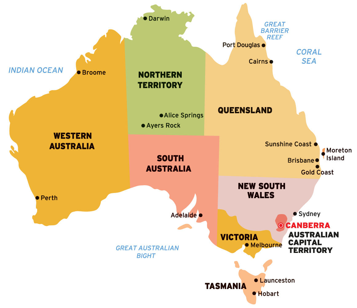 Кто правит австралией. Карта Австралии с городами и Штатами. Карта Австралии на англ. 6 Штатов Австралии на карте. Территория Австралии на карте.