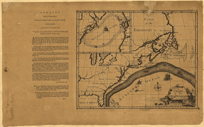 A chart of the Gulf Stream created by Benjamin Franklin and James Poupard