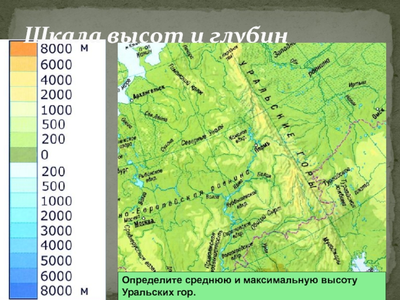 Абсолютная высота на какой карте. Шкала высот уральских гор. Шкала высот и глубин. Среднии высота уральских гор. Абсолютная высота на Урале на карте.