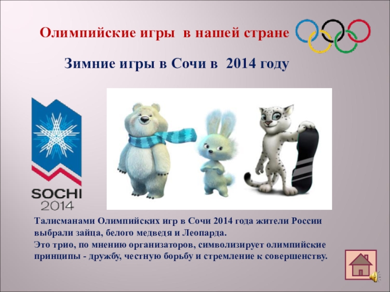Какие олимпийские игры проходят в россии. Олимпийские игры 2014 Сочи рассказ. Олимпийские игры в Сочи 2014 год талисманы игр. Талисманы зимних Олимпийских игр 2014 года в Сочи. Символ олимпиады 2014 года.
