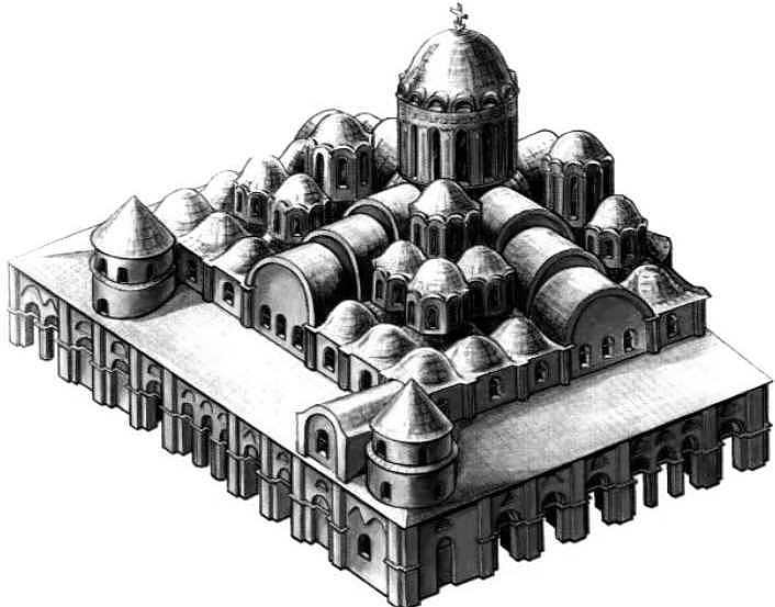 Храм святой софии на руси. Софийский собор в Киеве древняя Русь. Софийский собор в Киеве архитектура. Церковь Святой Софии в Киеве реконструкция. Софийский собор в древнем Киеве.