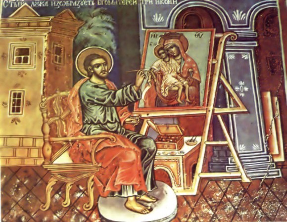 Ап. Лука пишет икону "Одигитрия". Фреска 1799 г., храм св. Луки, Рыльский монастырь