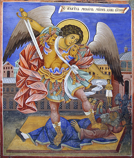 Архангел Михаил. Фреска из притвора храма Рождества Богородицы, Рыльский монастырь