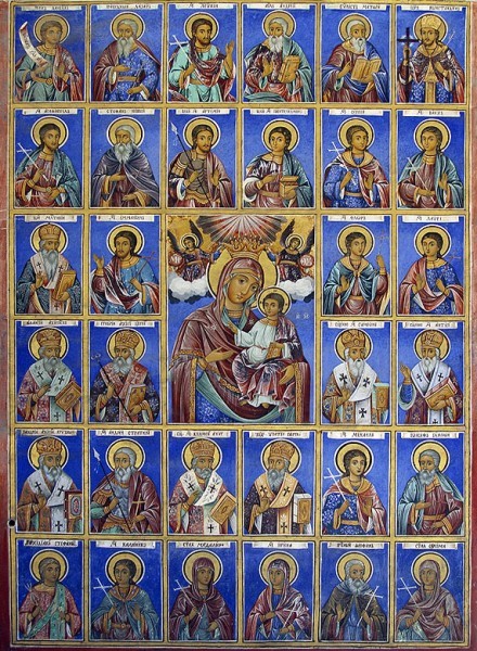 Одигитрия с иконами святых, мощи которых находятся в рамке иконы. Фреска из притвора храма