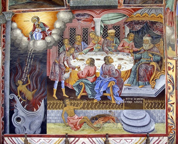 Притча о богаче и Лазаре. Фреска из притвора храма Рождества Богородицы